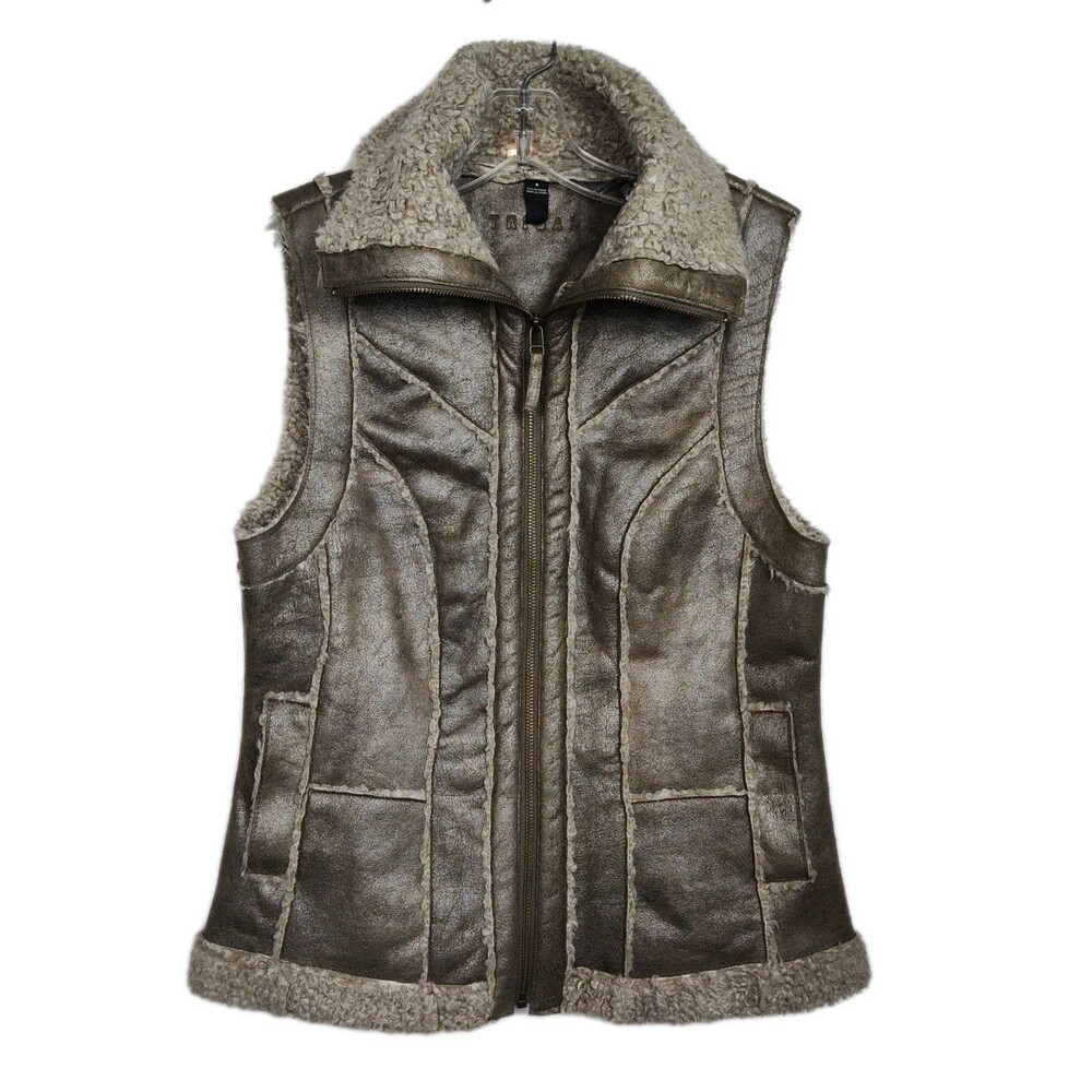 Tribal Faux Leather Microsuede Vest w/ Sherpa Fleece Interior Women's 6 Taupe